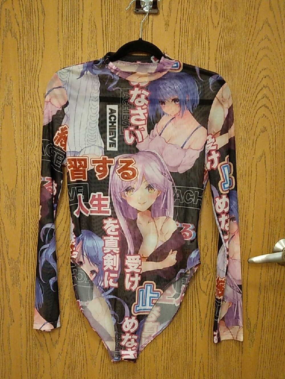 SHEIN Achieve Mesh Anime Long Sleeve Bodysuit Purple Black